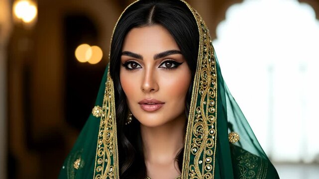 Beautiful woman with dark hair, wearing a green shawl with golden embellishments. Portrait