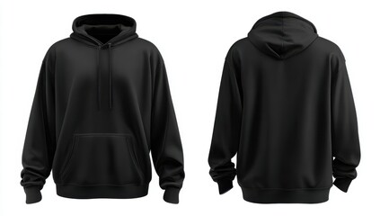 black hoodie hoody template vector illustration isolated on white background front and back view mockup design, detailed rendering in style of stock photo, 3d icon clay render