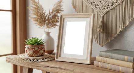 Bohemian Style Framed Photo Display With Dried Flowers Succulent And Books