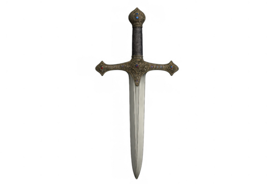 Ornate medieval fantasy dagger with jeweled hilt and patterned crossguard on transparent background