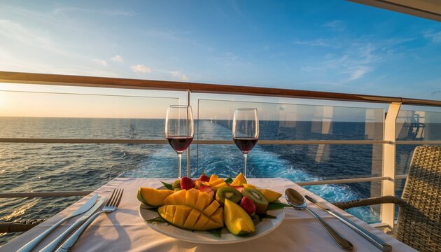 A table set for two, tropical fruit platter and wine glasses on board a cruise ship