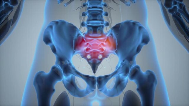 Animated Human Pelvis Anatomy with Red Highlighted Sacrum for Medical Visualization