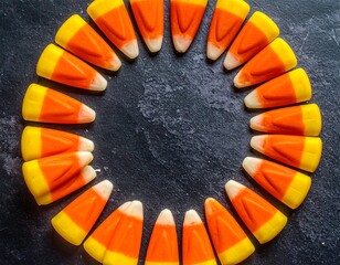 Close-up of candy corn arranged in a circular formation on a dark surface
