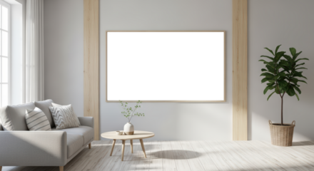 Bright Living Room Scene With A Large Blank Frame Above A Sofa And Coffee Table With A Potted Plant