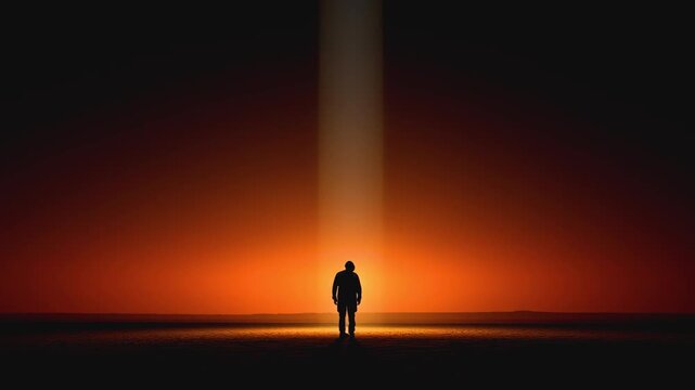 Silhouette Under Beam of Light: A solitary silhouette stands centered, bathed in an ethereal beam of light against a gradient backdrop, creating a compelling visual metaphor for guidance, hope.