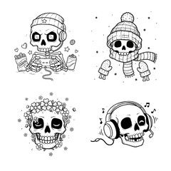 A set of four black and white cartoon skull illustrations, each showing different activities like gaming, winter chill, floral peace, and music vibes.