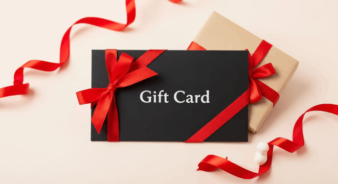Gift Card Elegance: A stylish black gift card adorned with a vibrant red ribbon and a gift box beside it, on a muted-tone background, presents an atmosphere of elegance. 