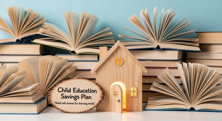 Wooden House and Books Representing Child Education Savings Plan