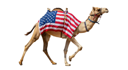 Camel Walking With American Flag Draped Over Its Back isolated on Transparent Background