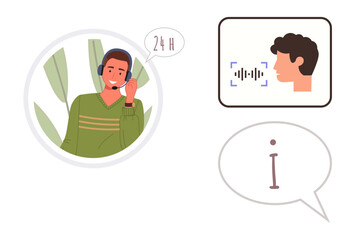 Customer service agent with headset, voice recognition interface, and information icon. Ideal for customer support, communication, technology, assistance, helpline AI solutions simplicity. Minimal