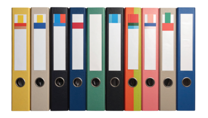 Full Row of Assorted Colorful Lever Arch Binders with Blank Labels Isolated
