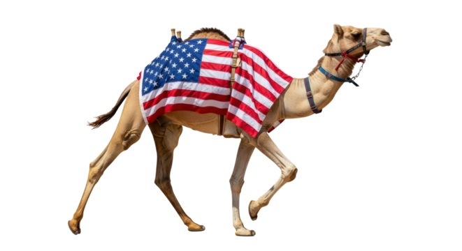 Camel Walking With American Flag Draped Over Its Back isolated on Transparent Background