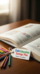 An open book and Child Education Savings Plan label on a wooden desk