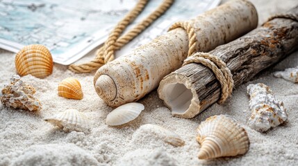 Sandy scene showcases sea shells, driftwood, rope, and a map, evoking a coastal and nautical theme