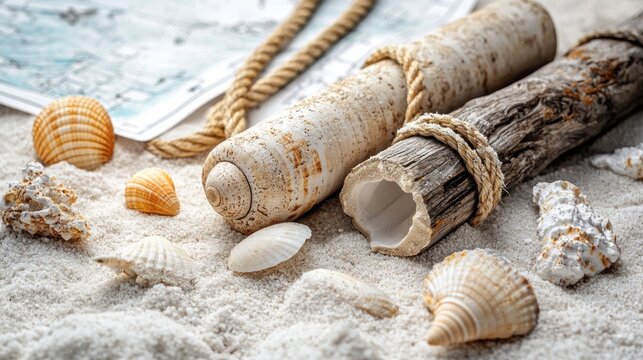 Sandy scene showcases sea shells, driftwood, rope, and a map, evoking a coastal and nautical theme