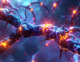 Close-up view of glowing neuron-like structures with sparking energy
