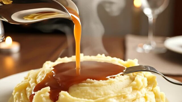 A close-up shot of fluffy mashed potatoes being drizzled with a rich, savory gravy. A fork rests on the plate