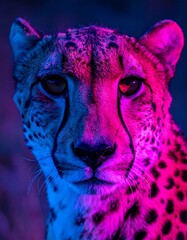 Close-up of cheetah face illuminated with purple and blue light