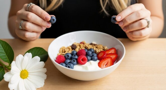 Fresh breakfast with yogurt, granola and berries close-up, woman holding fresh blueberries over plate, natural ingredients for a healthy start to the day - Powered by Adobe