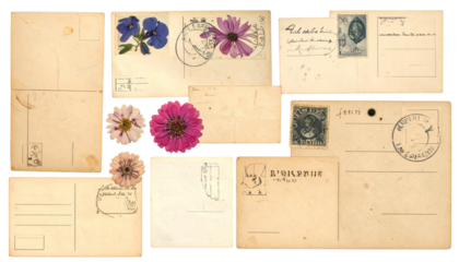 Collage of Antique Postcards, Stamps, Pressed Flowers, and Handwritten Notes Isolated