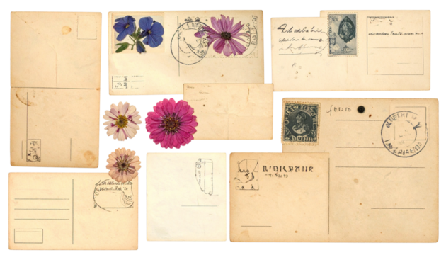 Collage of Antique Postcards, Stamps, Pressed Flowers, and Handwritten Notes Isolated