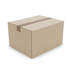 Closed cardboard box with tape and brown edges on Transparent Background