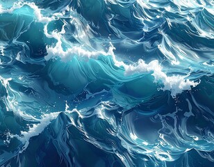 Close-up of churning ocean waves, vibrant blues and whites