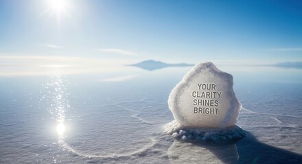 A stone with inspirational text in a serene lake landscape