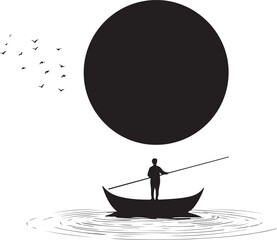 Man on Boat Silhouette with Big Sun and Water Reflection
Minimalist Boat and Sunset Silhouette Vector Design
Fisherman in Boat Under the Sun Silhouette Art