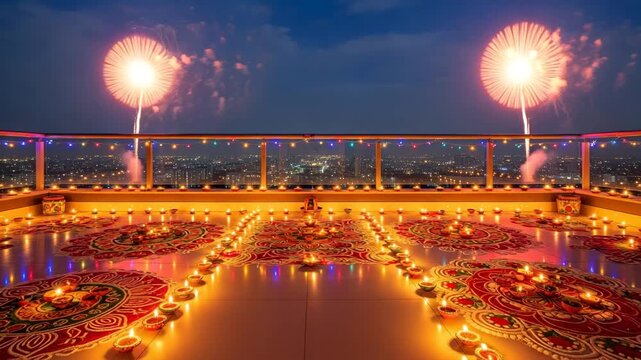 Diwali celebration on a rooftop with rangoli, candles, and string lights overlooking the city at night