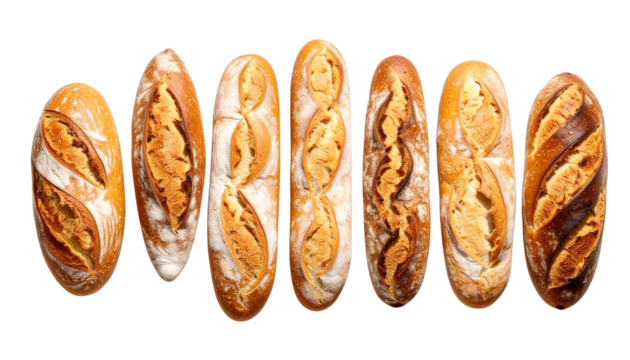 Horizontal Lineup of Freshly Baked Artisan Sourdough Bread Loaves Isolated