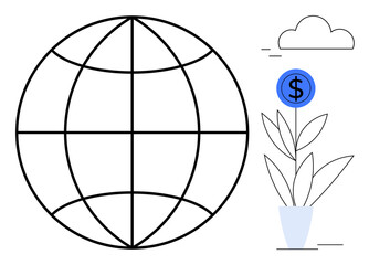 Globe with plant growing a dollar sign, cloud accent above. Ideal for global business, economy, sustainability, finance, growth, investment, eco-consciousness simple flat metaphor
