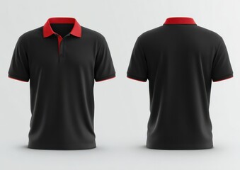 black polo shirt with red collar mockup template, front and back view isolated on a white background. vector illustration design, close-up shot, 4k resolution, ultra-realism, high detail