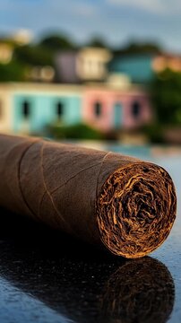 Close Up Of A Cigar With Colorful Buildings In The Background