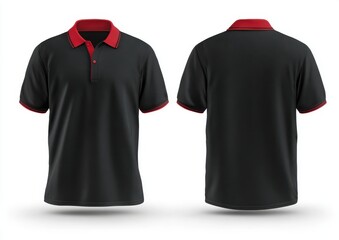 black polo shirt with red collar mockup template vector illustration, front and back view isolated on white background. photorealistic t-shirt design template.