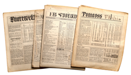 Fanned-Out Stack of Aged Vintage Newspapers or Historical Documents Isolated