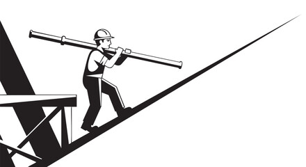 A construction worker carries a long pipe uphill on a structure, illustrating labor and building concepts in a graphic black and white illustration.