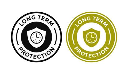 Long Term Protection security vector badge. Shield icon combined with a clock symbol. Round stamp for time-based warranty, insurance, or lasting service.