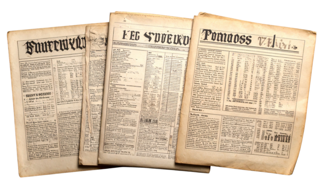 Fanned-Out Stack of Aged Vintage Newspapers or Historical Documents Isolated