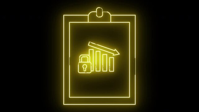 Yellow neonstyle icon of declining bar graph  lock on clipboard against black
