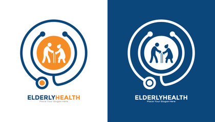 Senior elderly health and assistance logo template. Icon combining an elderly couple and a stethoscope, perfect for hospitals, clinics, and insurance companies specializing in aged care