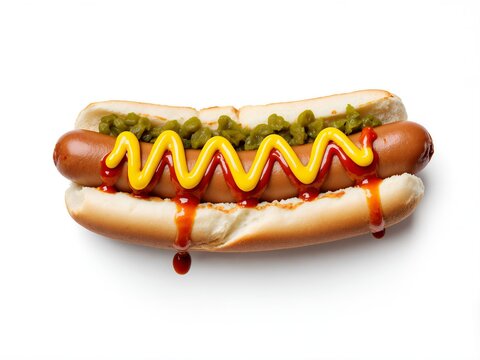 A detailed studio photograph of a long, plump Jumbo Hot Dog in a soft, split white bun, absolutely smothered in vibrant yellow mustard, bright red ketchup, and fine green relish.