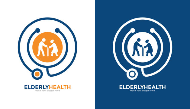 Senior elderly health and assistance logo template. Icon combining an elderly couple and a stethoscope, perfect for hospitals, clinics, and insurance companies specializing in aged care