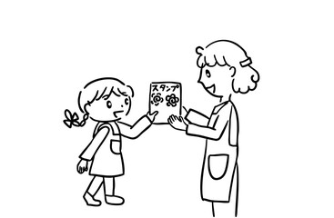 モノクロ、スタンプを先生からもらって喜ぶ子ども