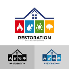 Home damage restoration logo featuring icons for fire, water, mold, and storm damage repair services set. Perfect vector symbol for insurance, cleanup, and disaster relief companies