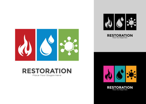 Abstract restoration logo design with symbolic icons: flame (fire), water drops (flood), and molecular structure (mold/germs). Perfect vector for cleanup business identity.