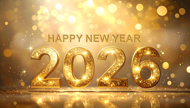 The text HAPPY NEW YEAR is centered above large, golden 2026 numbers, with the number 0 replaced by an antique clock face with Roman numerals.