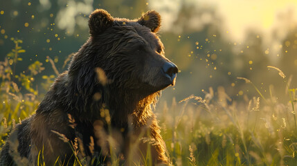 Brown Bear in Golden Hour Sunlight Amidst Tall Grass