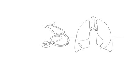 Human lungs with heart pulse, one line continuous drawing. Human organ, continuous one-line illustration. Vector minimalist linear illustration. Isolated on a white background.