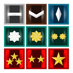 Detailed Set of Achievement Rank Icons, Military Style Badges, Stars, and Stripes for Game UI